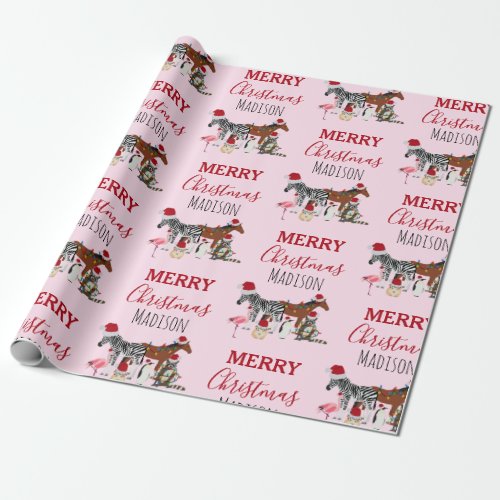 Custom Funny Christmas Animals Santa Hats Lights  Wrapping Paper