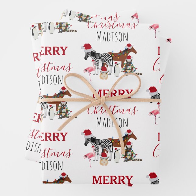 Custom Funny Christmas Animals Santa Hats Lights Wrapping Paper Sheets (In situ)