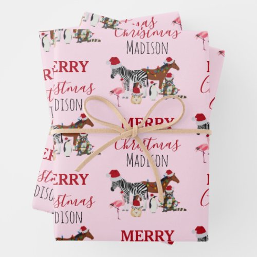 Custom Funny Christmas Animals Santa Hats Lights  Wrapping Paper Sheets