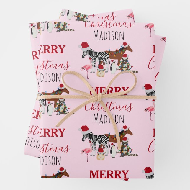Custom Funny Christmas Animals Santa Hats Lights  Wrapping Paper Sheets (In situ)