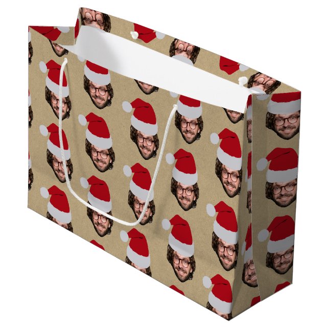 Custom Funny Christmas Santa Hat Face Photo Kraft Large Gift Bag (Front Angled)