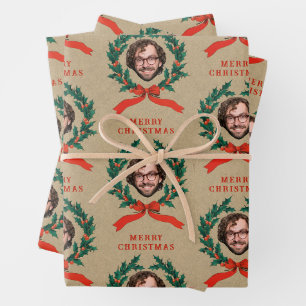 Custom Funny Christmas Wreath Face Photo Kraft Wrapping Paper Sheets