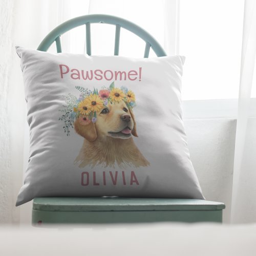 Custom Funny Dog Pun Pawsome Floral Crown Throw Pillow