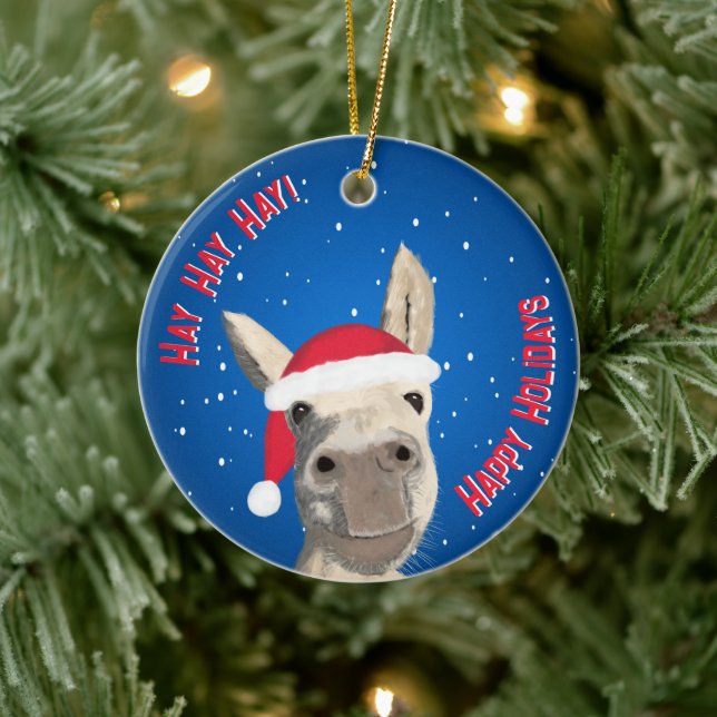 Custom Funny Donkey Santa Pun 2025 Holiday Ceramic Ornament (Tree)