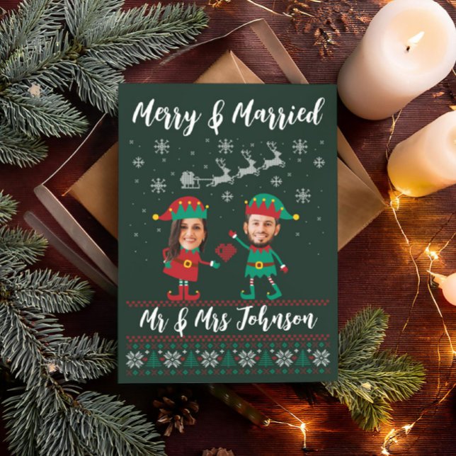 Custom Funny Face Merry and Merried Christmas Elf Holiday Card (Creator Uploaded)