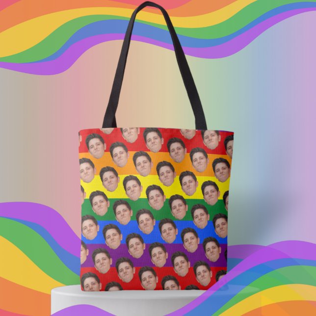 Custom Funny Face Photo Gay Pride Rainbow Tote Bag (Creator Uploaded)