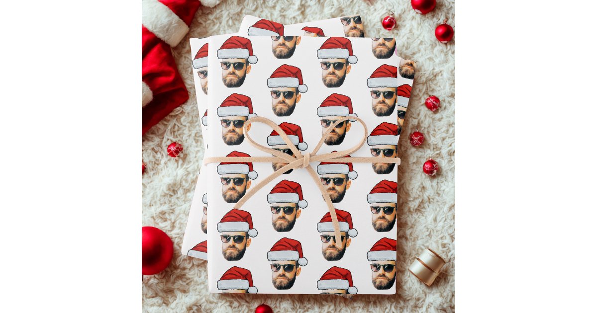 Custom Funny Face Santa Hat Photo Christmas Gift Wrapping Paper Sheets ...