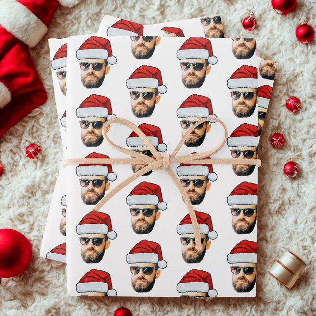 Custom Funny Face Santa Hat Photo Christmas Gift Wrapping Paper Sheets (Creator Uploaded)