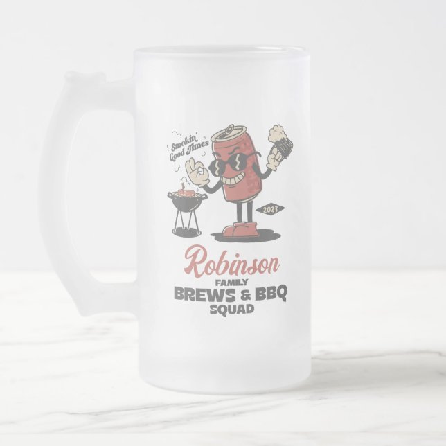 Custom Funny Family Barbeque Group Matching  Frosted Glass Beer Mug (Left)