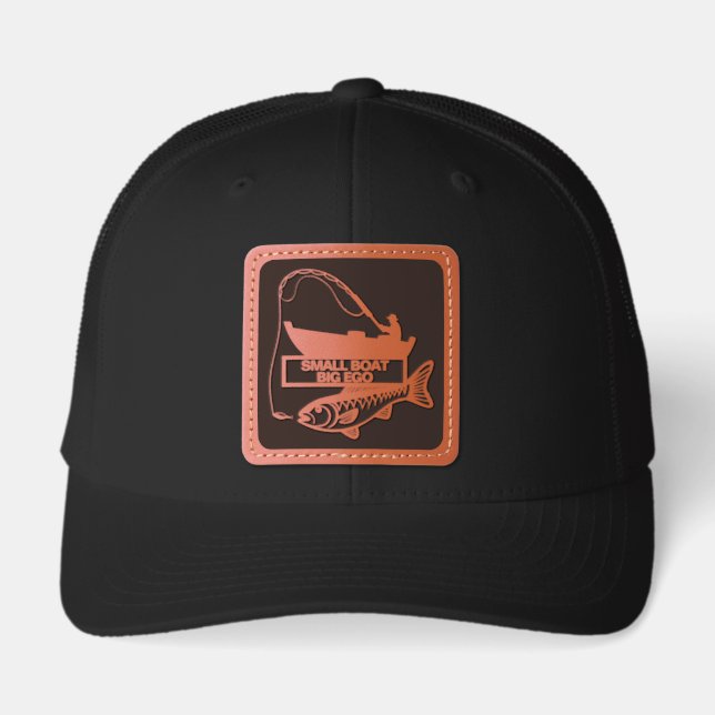 Custom Funny Fishing Small Boat Big Ego Leather Patch Hat (Front)