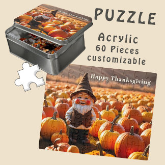 Custom Funny Gnome in Pumpkin Field Autumn Acrylic Jigsaw Puzzle