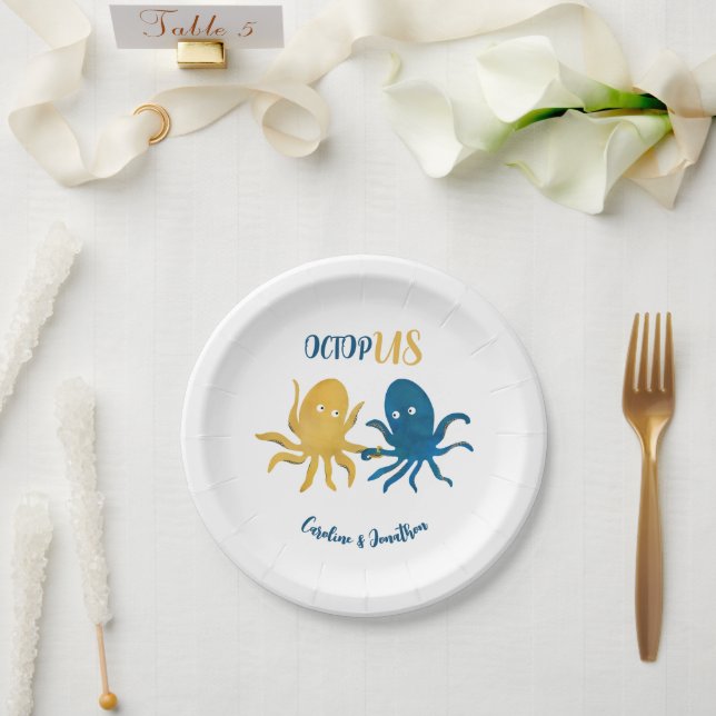 Custom Funny Navy and Gold Ocean Octopus Wedding Paper Plates (Wedding)