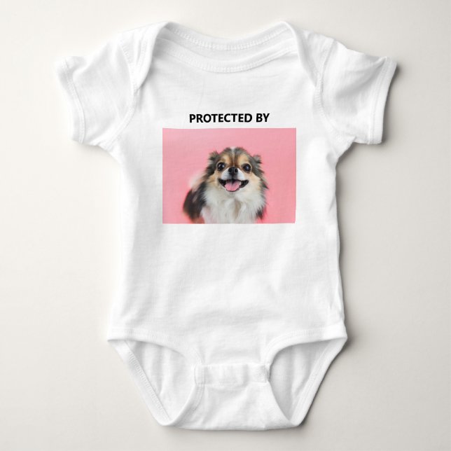 Custom Funny Protected By Chihuahua Pet Photo Baby Bodysuit (Front)