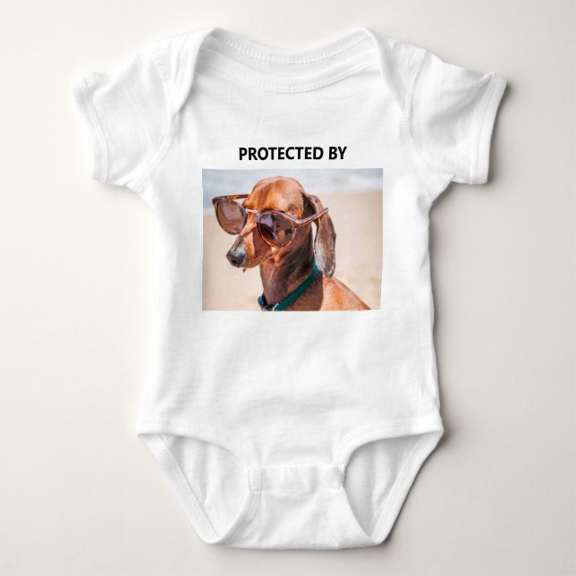 Custom Funny Protected By Dachshund Pet Photo Baby Bodysuit (Front)
