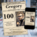 Custom Funny Quote Retro Newspaper 100th Birthday Invitation<br><div class="desc">👉 Put a smile on a face with this awesome retro newspaper style 100th birthday invitation! Complete with a funny quote and photo, you will sure set your celebration above the rest! #zazzlemade - Simply click to personalize this design 🔥 My promises - This design is unique - It is...</div>