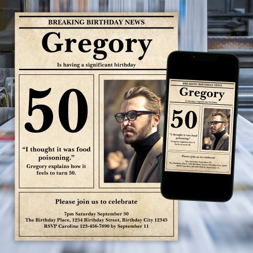 Custom Funny Quote Retro Newspaper 50th Birthday Invitation