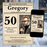 Custom Funny Quote Retro Newspaper 50th Birthday Invitation<br><div class="desc">👉 Put a smile on a face with this awesome retro newspaper style 50th birthday invitation! Complete with a funny quote and photo, you will sure set your celebration above the rest! #zazzlemade - Simply click to personalize this design 🔥 My promises - This design is unique - It is...</div>