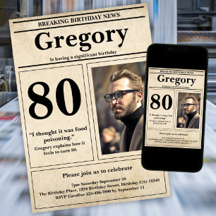 Custom Funny Quote Retro Newspaper 80th Birthday Invitation
