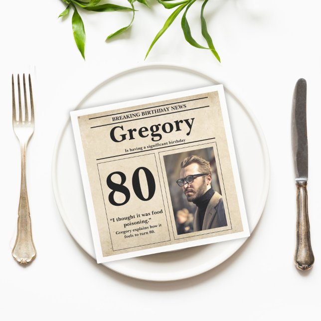 Custom Funny Quote Retro Newspaper 80th Birthday Napkins (Creator Uploaded)