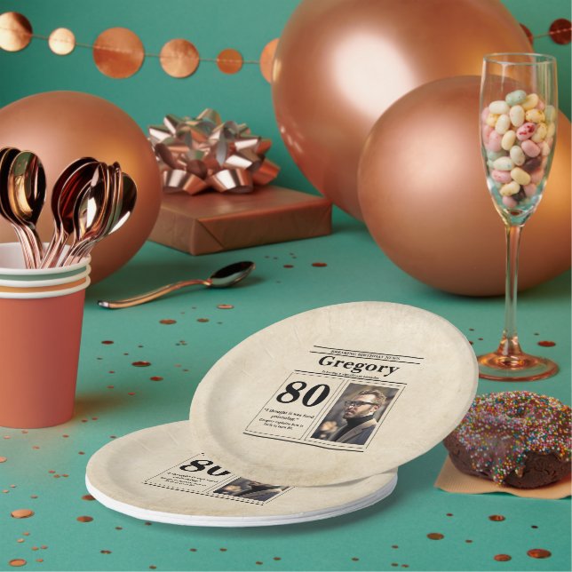 Custom Funny Quote Retro Newspaper 80th Birthday Paper Plates (Multi)
