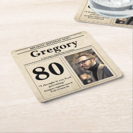 Custom Funny Quote Retro Newspaper 80th Birthday Square Paper Coaster