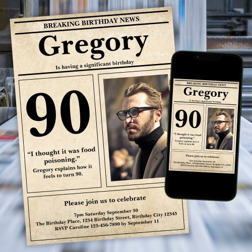 Custom Funny Quote Retro Newspaper 90th Birthday Invitation