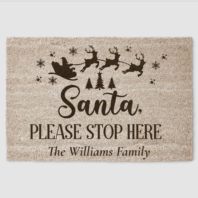 Custom Funny Santa Please Stop Here Christmas Coir Fiber Doormat (Front)