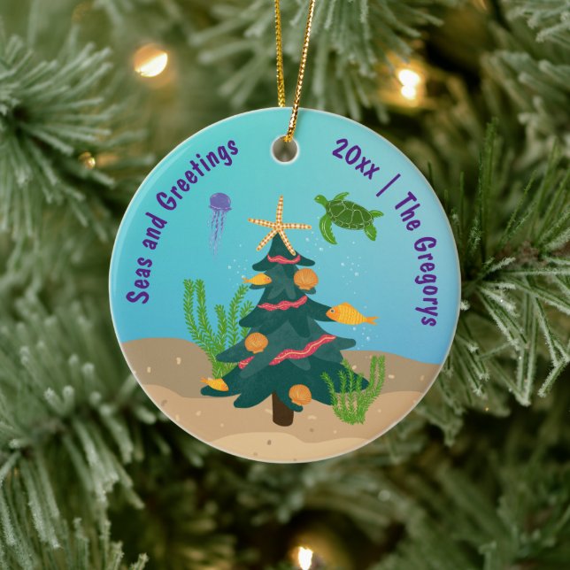 Custom Funny Seas and Greetings Ocean Holiday 2024 Ceramic Ornament (Tree)