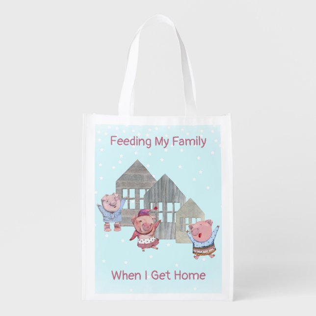 Custom Funny Text 3 Little Pigs and Houses Grocery Bag (Front)