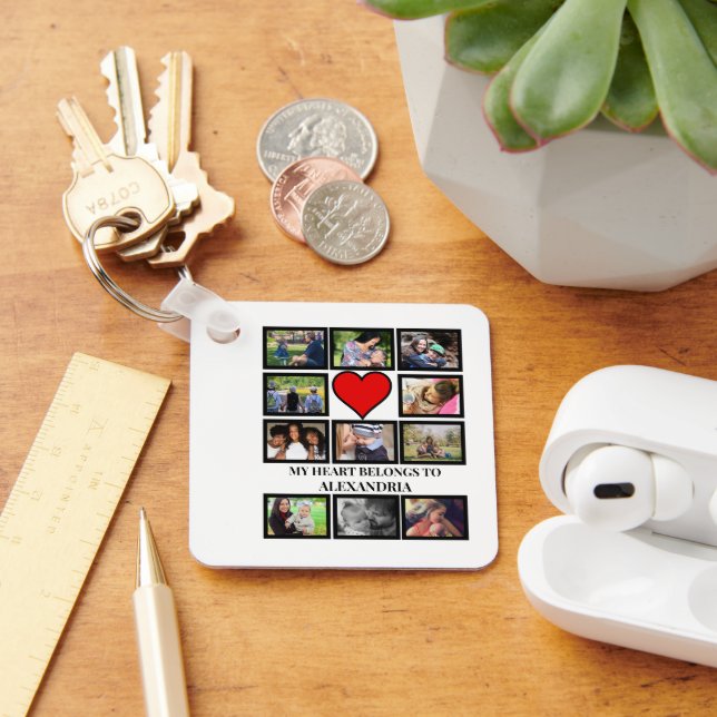 Custom Funny Valentines day heart 11 photo collage Keychain (Desk)