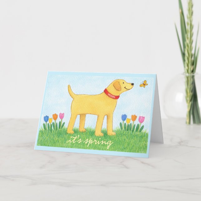 Custom Funny Yellow Dog Spring Greeting Card (Front)