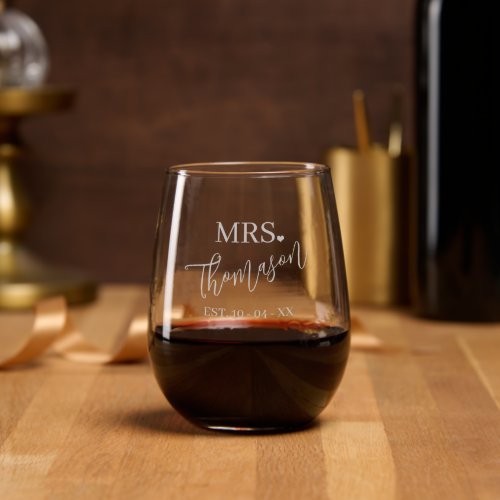 Custom Future Mrs Name Classy Heart Text Engraved Stemless Wine Glass