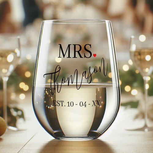 Custom Future Mrs Name Red Heart Black Text Font Stemless Wine Glass