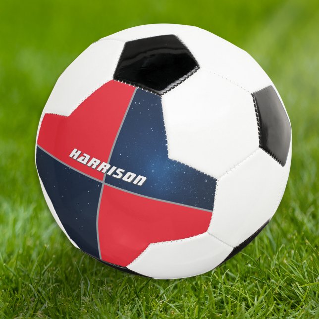 Custom Galaxy Space Personalized Soccer Ball (A soccer ball with bright red and blue night sky sections, and customizable name in modern lettering)
