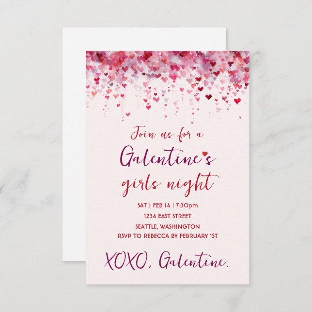 Custom Galentines Pink Hearts Party Invitation (Front/Back)
