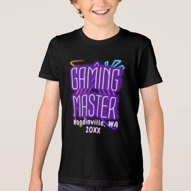 Custom Gaming Master for Gamer Location Date Name Tri-Blend Shirt (Front)