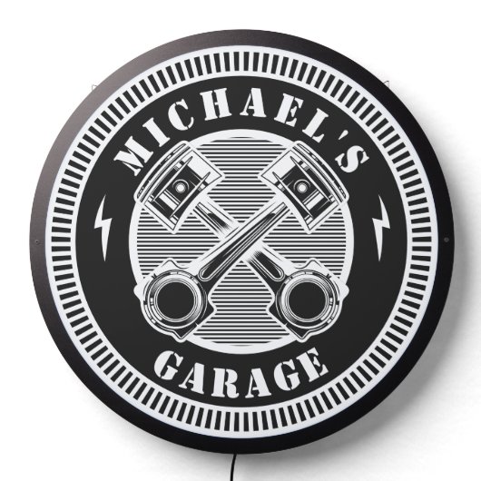 Custom Garage Name Retro Black White LED Sign (Lights Off)