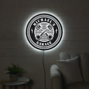 Custom Garage Name Retro Black White LED Sign