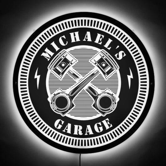 Custom Garage Name Retro Black White LED Sign (Front)