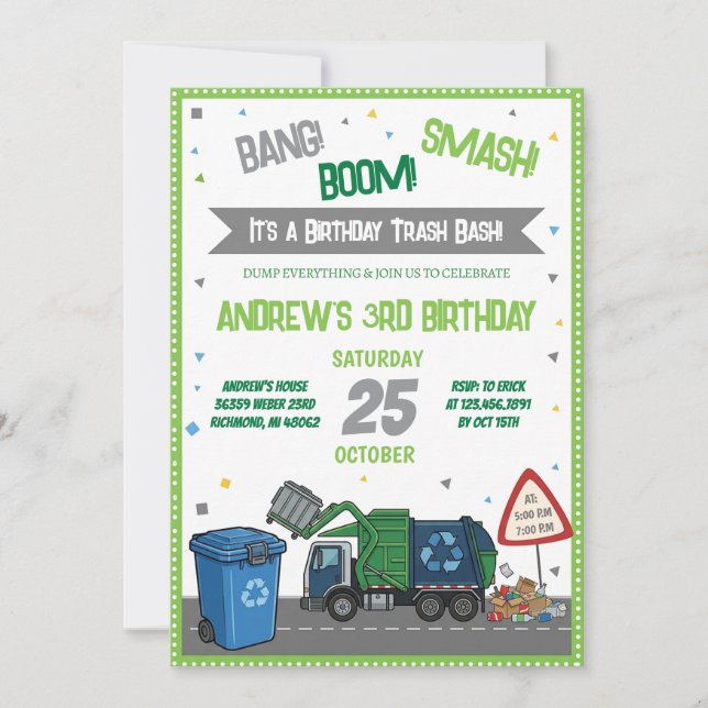 Custom Garbage Truck Birthday Invitation (Front)
