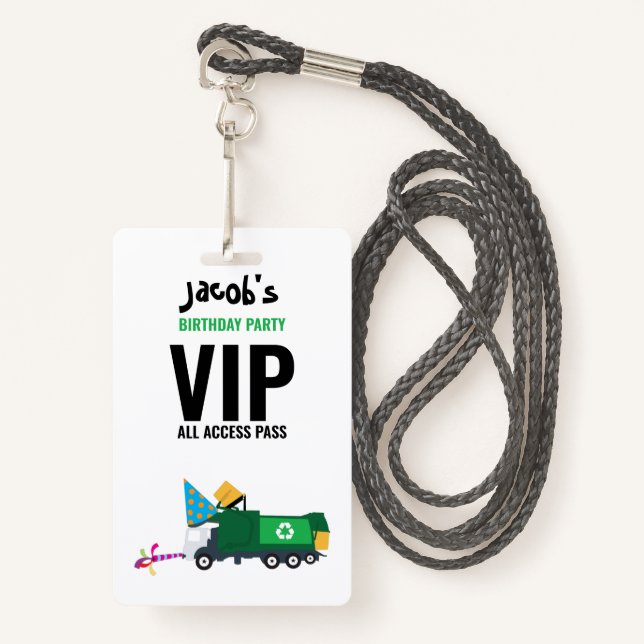 Custom Garbage Truck Birthday Party Pass Favor  Badge (Front with Lanyard)