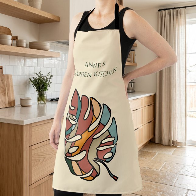 Custom Garden Kitchen Name Monstera Boho Gift Apron (Custom Garden Kitchen Name Monstera Boho Plant Gift Apron)