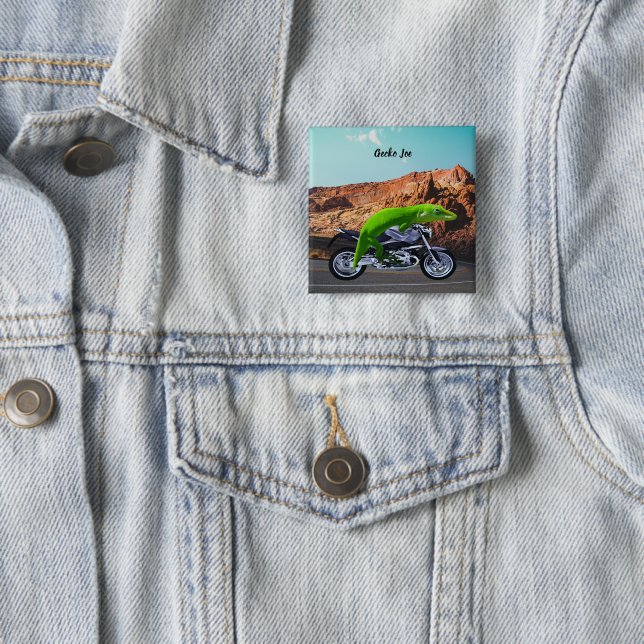 Custom Gecko Rider on Motorcycle Desert Highway Button (In Situ)