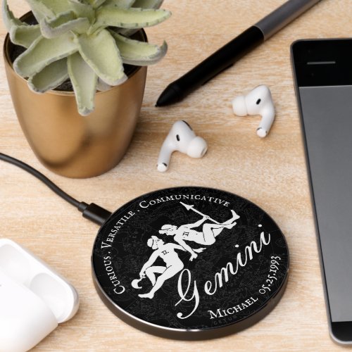 Custom Gemini Zodiac Sign Vintage Astrology Black  Wireless Charger