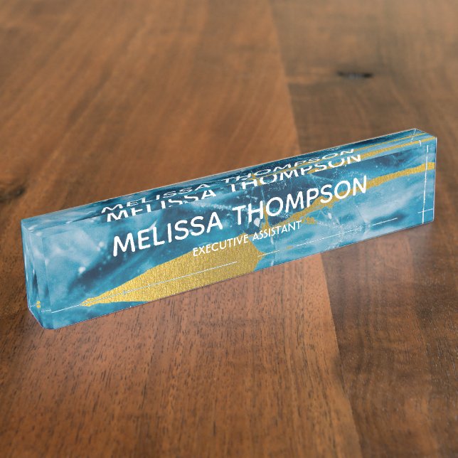 Custom Geode Agate Gemstone Blue and Gold Desk Name Plate (Side)