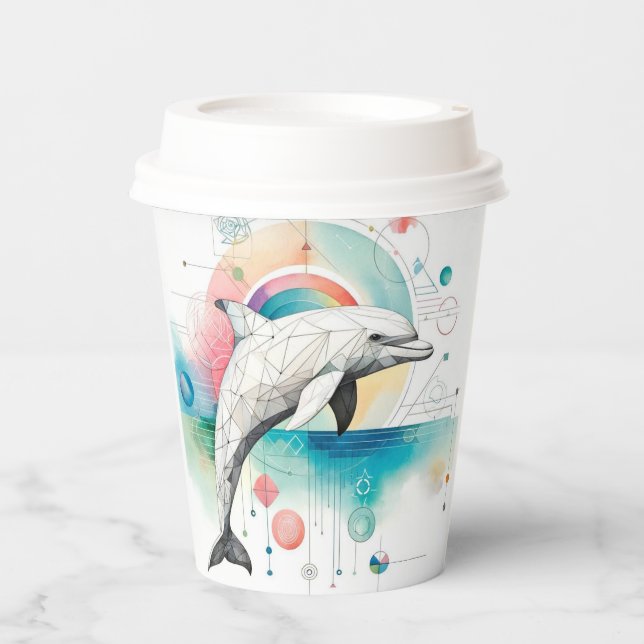 Custom Geometric Dolphin Paper Cup with Rainbow Ac (Front)