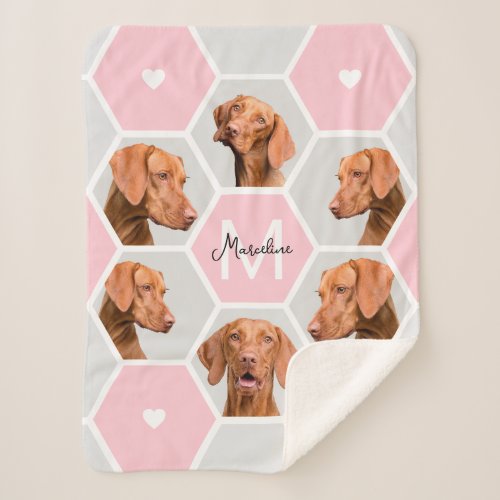 Custom Geometric Photo Collage Pet Monogram Pink Sherpa Blanket