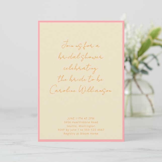 Custom Geometric Pink Cream Script Bridal Shower Invitation (Standing Front)