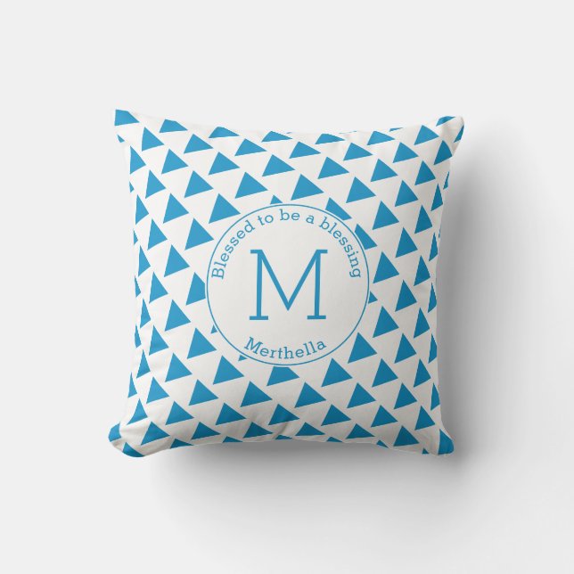 Custom Geometric Triangles Monogram Blue White  Throw Pillow (Front)