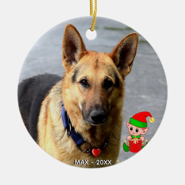 Custom German Shepherd Dog Photo with Cute Elf Ceramic Ornament (Front)